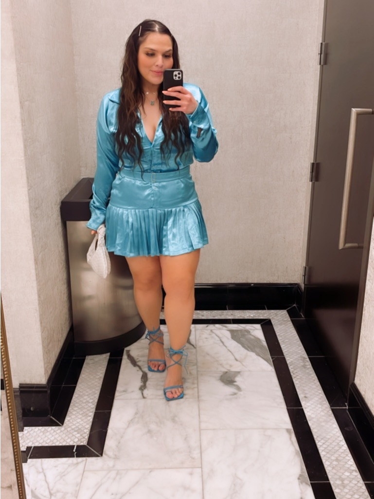 Satin Teal Long-Sleeve Pleated Mini Dress